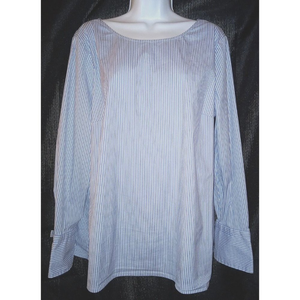 TALBOTS X-Large White w/ Blue Stripes Cotton Stretch Long SL Back Button Blouse